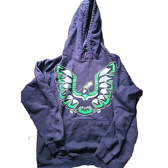 Seattle Seahawks Green Wing Hawk Hoodie Sweatshirt Mens L Pullover Fleece Blue - Picture 1 of 5